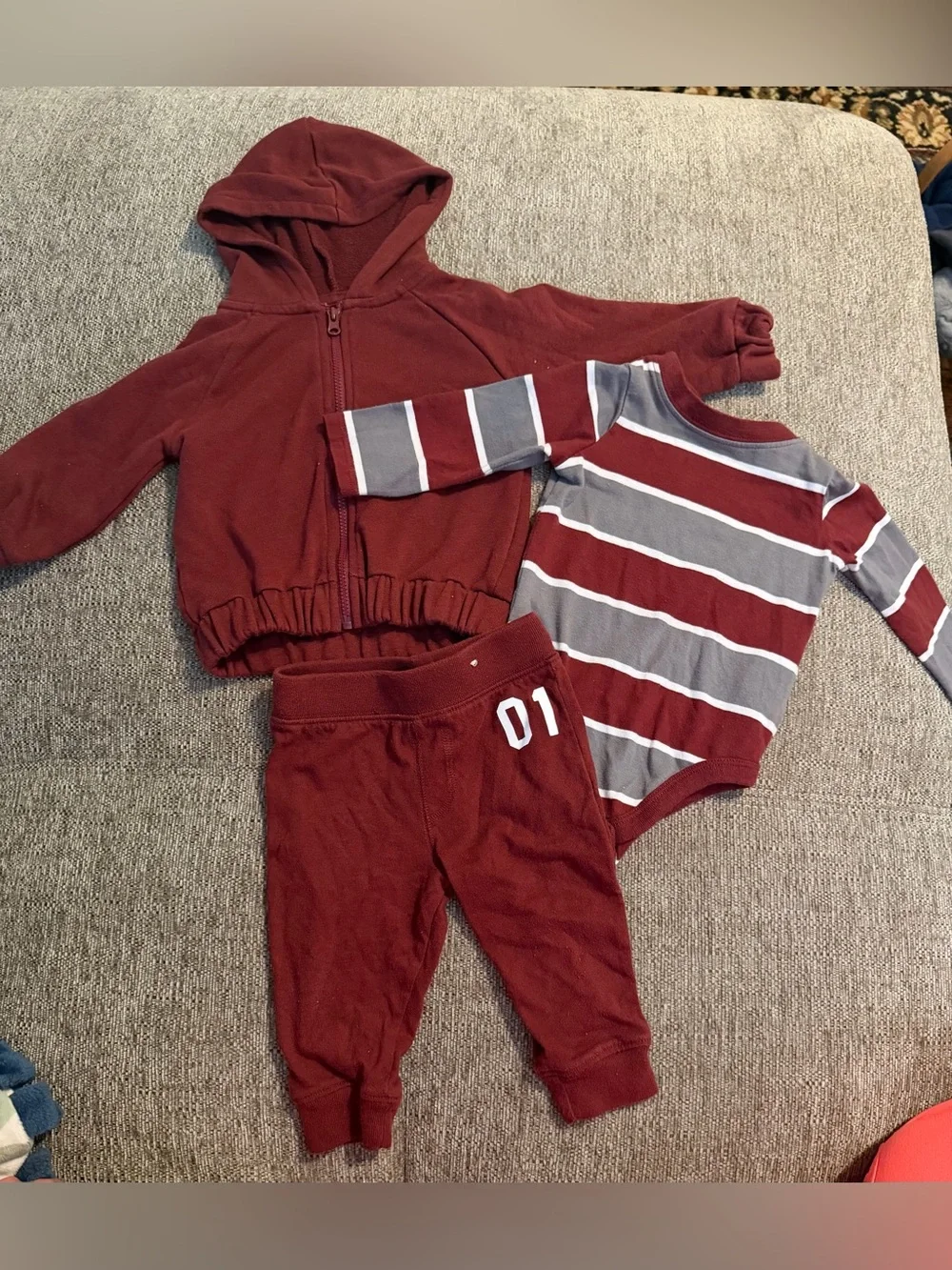 3-Piece Burgundy Baby Outfit Set - Hoodie, Pants & Striped Bodysuit